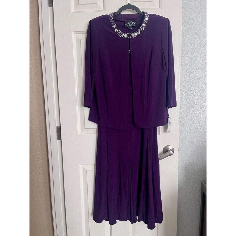NEW Alex Evenings 2-Piece Dress & Jacket Set Eggplant Size 8 Beaded Sequin